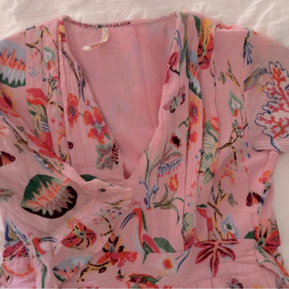 BANJANAN MAXI DRESS SASH TIE-BACK V-NECK 3/4 SLEEVE PINK FLORAL CRINKLE BOHO